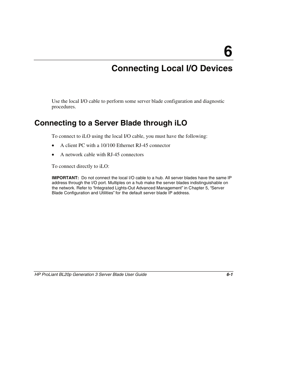 Chapter 6: connecting local i/o devices, Connecting to a server blade through ilo, Chapter 6 | Connecting local i/o devices, Connecting to a server blade through ilo -1 | HP ProLiant BL20p G3 Server Blade User Manual | Page 79 / 115