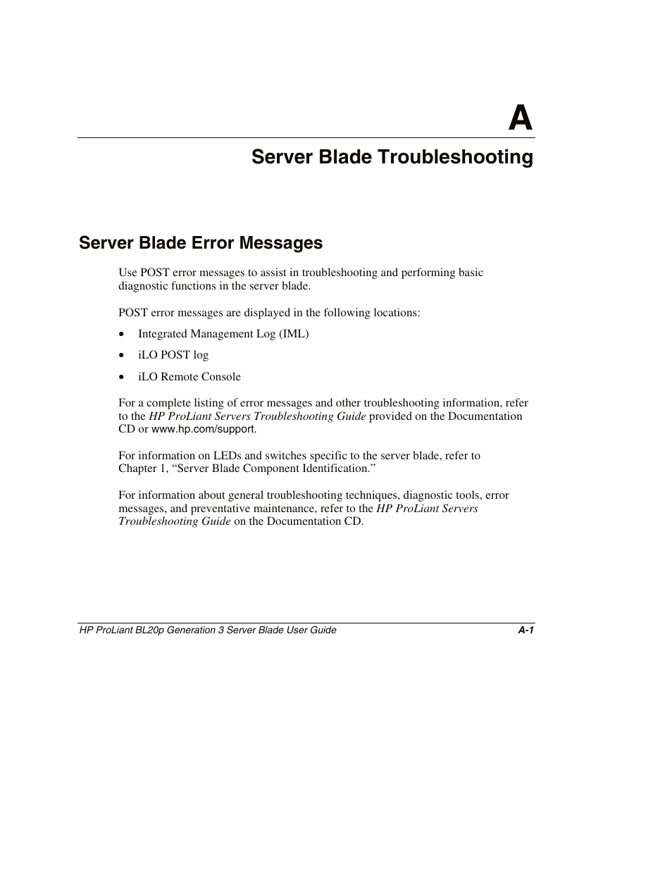 Appendix a: server blade troubleshooting, Server blade error messages, Appendix a | Server blade troubleshooting | HP ProLiant BL20p G3 Server Blade User Manual | Page 86 / 115