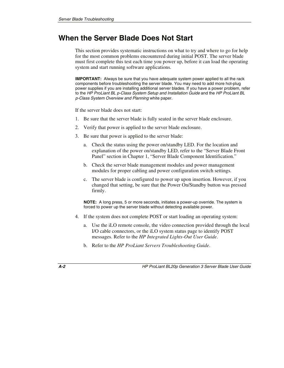When the server blade does not start | HP ProLiant BL20p G3 Server Blade User Manual | Page 87 / 115