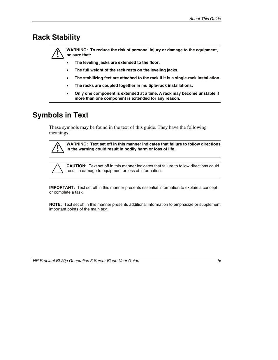 Rack stability, Symbols in text | HP ProLiant BL20p G3 Server Blade User Manual | Page 9 / 115