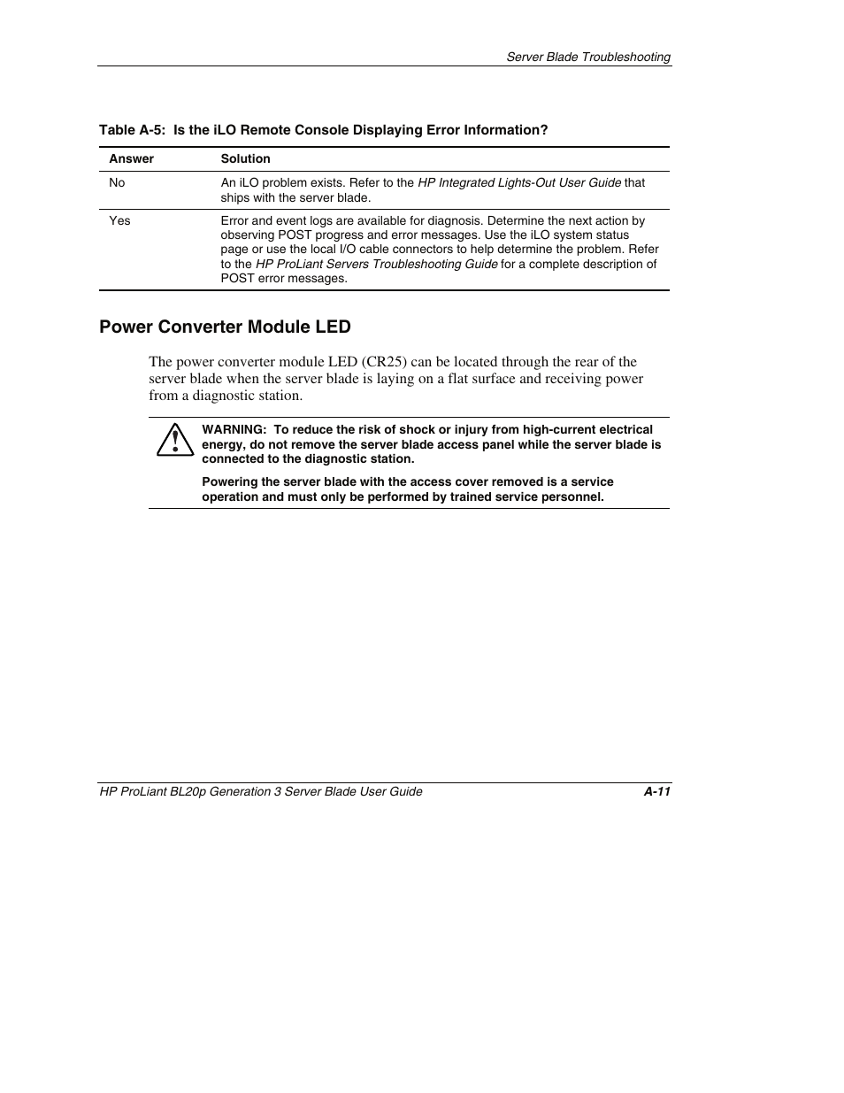 Power converter module led, Is. refer to table a-5 for details, If no, refer to table a-5 | HP ProLiant BL20p G3 Server Blade User Manual | Page 96 / 115