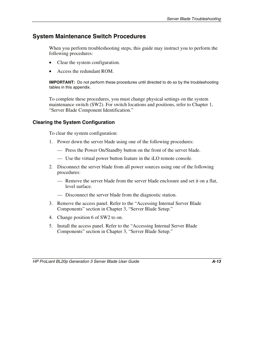 System maintenance switch procedures, Clearing the system configuration | HP ProLiant BL20p G3 Server Blade User Manual | Page 98 / 115
