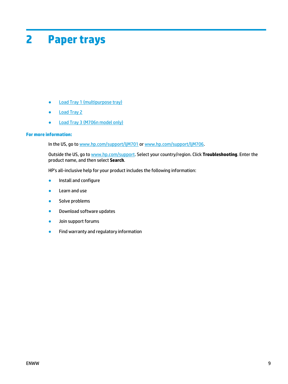 Paper trays, 2 paper trays, 2paper trays | HP LaserJet Pro M701 Printer series User Manual | Page 17 / 98