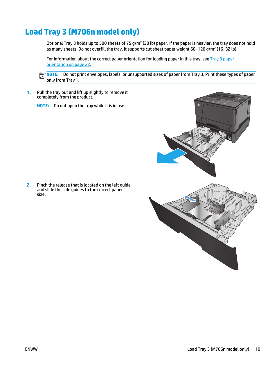 Load tray 3 (m706n model only) | HP LaserJet Pro M701 Printer series User Manual | Page 27 / 98
