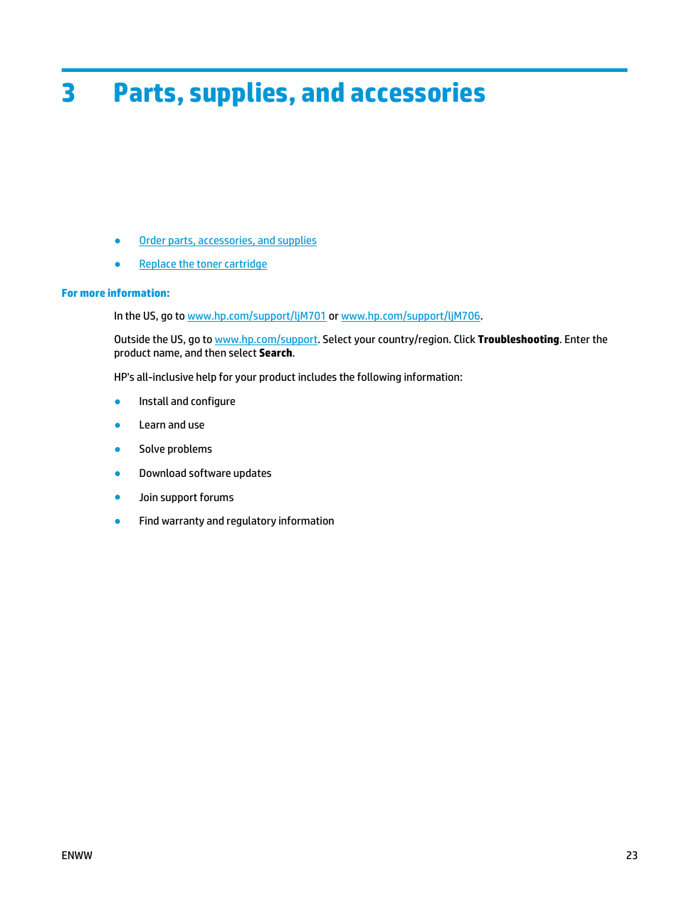 Parts, supplies, and accessories, 3 parts, supplies, and accessories, 3parts, supplies, and accessories | HP LaserJet Pro M701 Printer series User Manual | Page 31 / 98