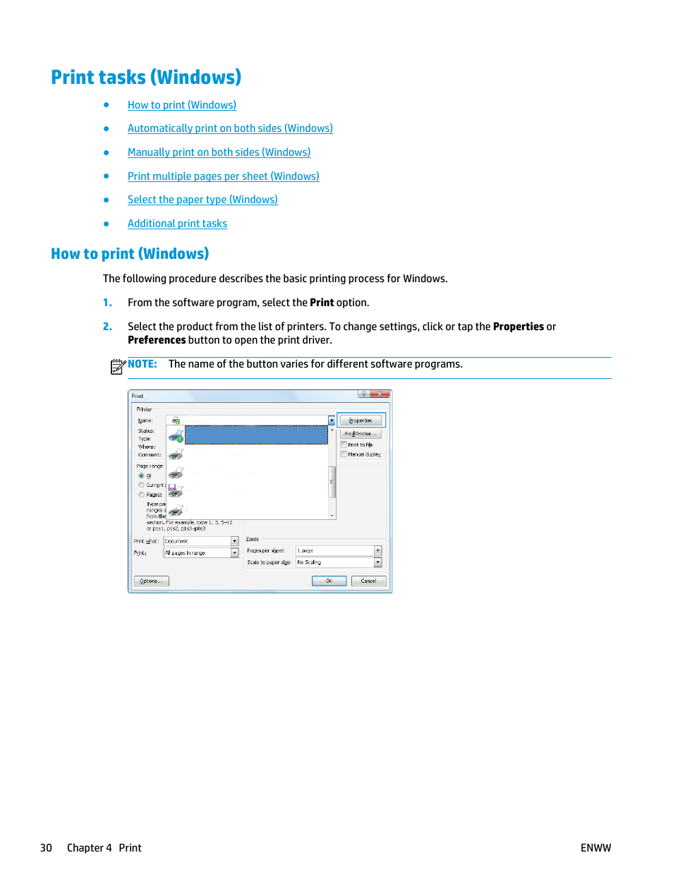 Print tasks (windows), How to print (windows) | HP LaserJet Pro M701 Printer series User Manual | Page 38 / 98