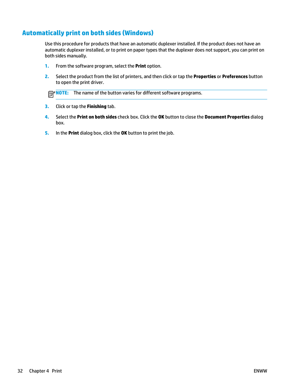 Automatically print on both sides (windows) | HP LaserJet Pro M701 Printer series User Manual | Page 40 / 98