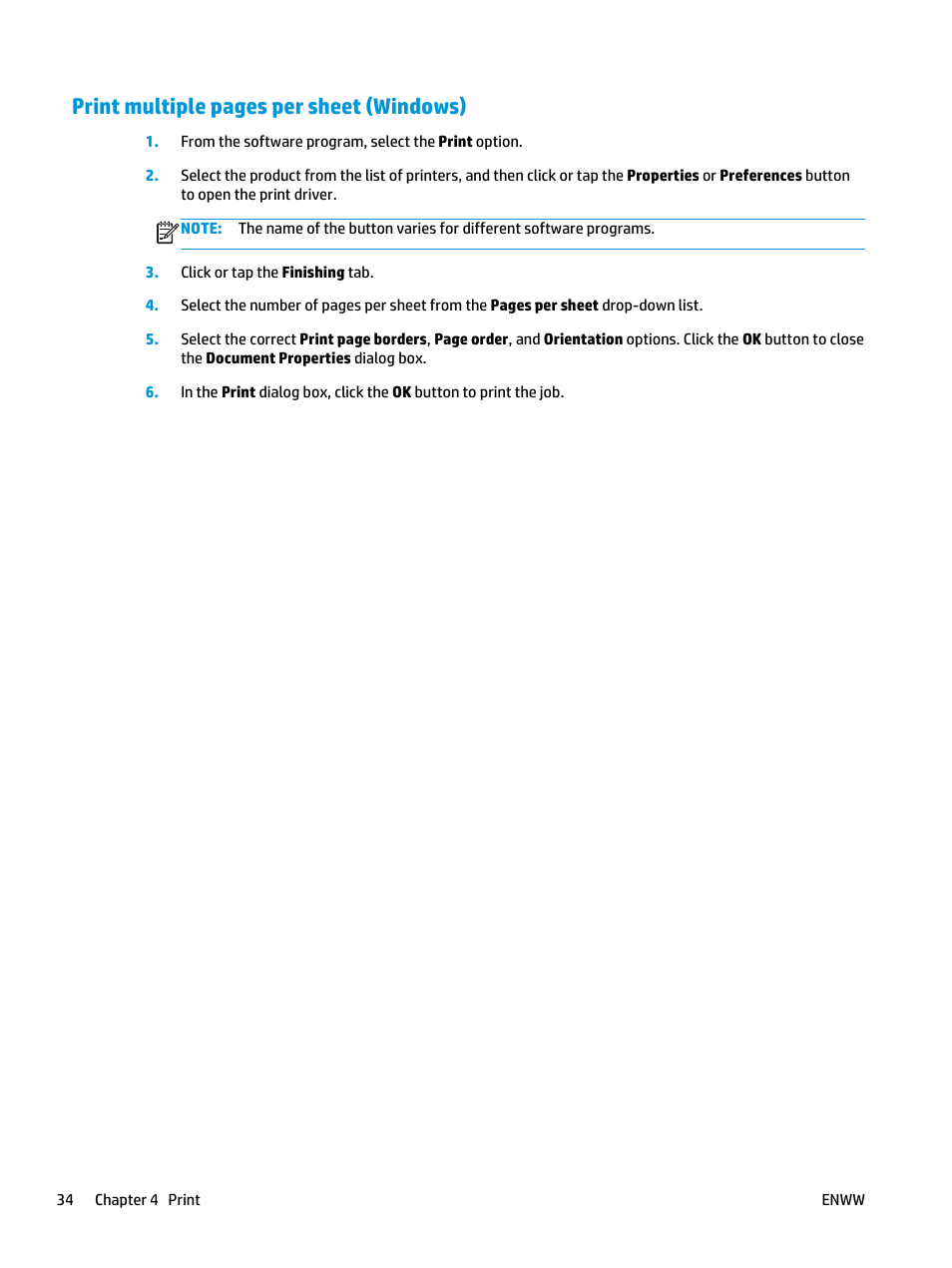 Print multiple pages per sheet (windows) | HP LaserJet Pro M701 Printer series User Manual | Page 42 / 98