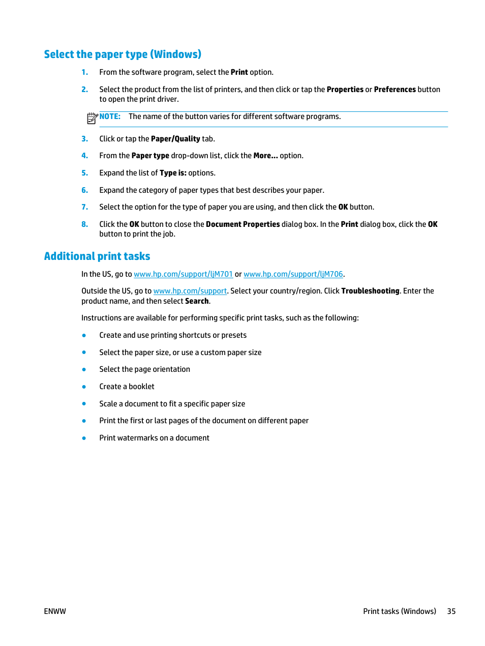 Select the paper type (windows), Additional print tasks | HP LaserJet Pro M701 Printer series User Manual | Page 43 / 98