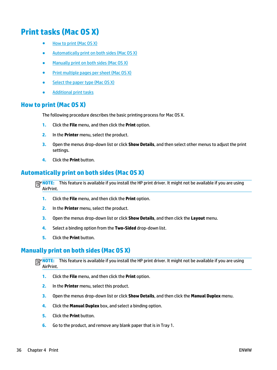 Print tasks (mac os x), How to print (mac os x), Automatically print on both sides (mac os x) | Manually print on both sides (mac os x) | HP LaserJet Pro M701 Printer series User Manual | Page 44 / 98