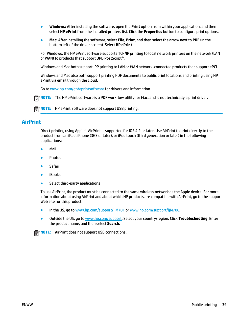 Airprint | HP LaserJet Pro M701 Printer series User Manual | Page 47 / 98