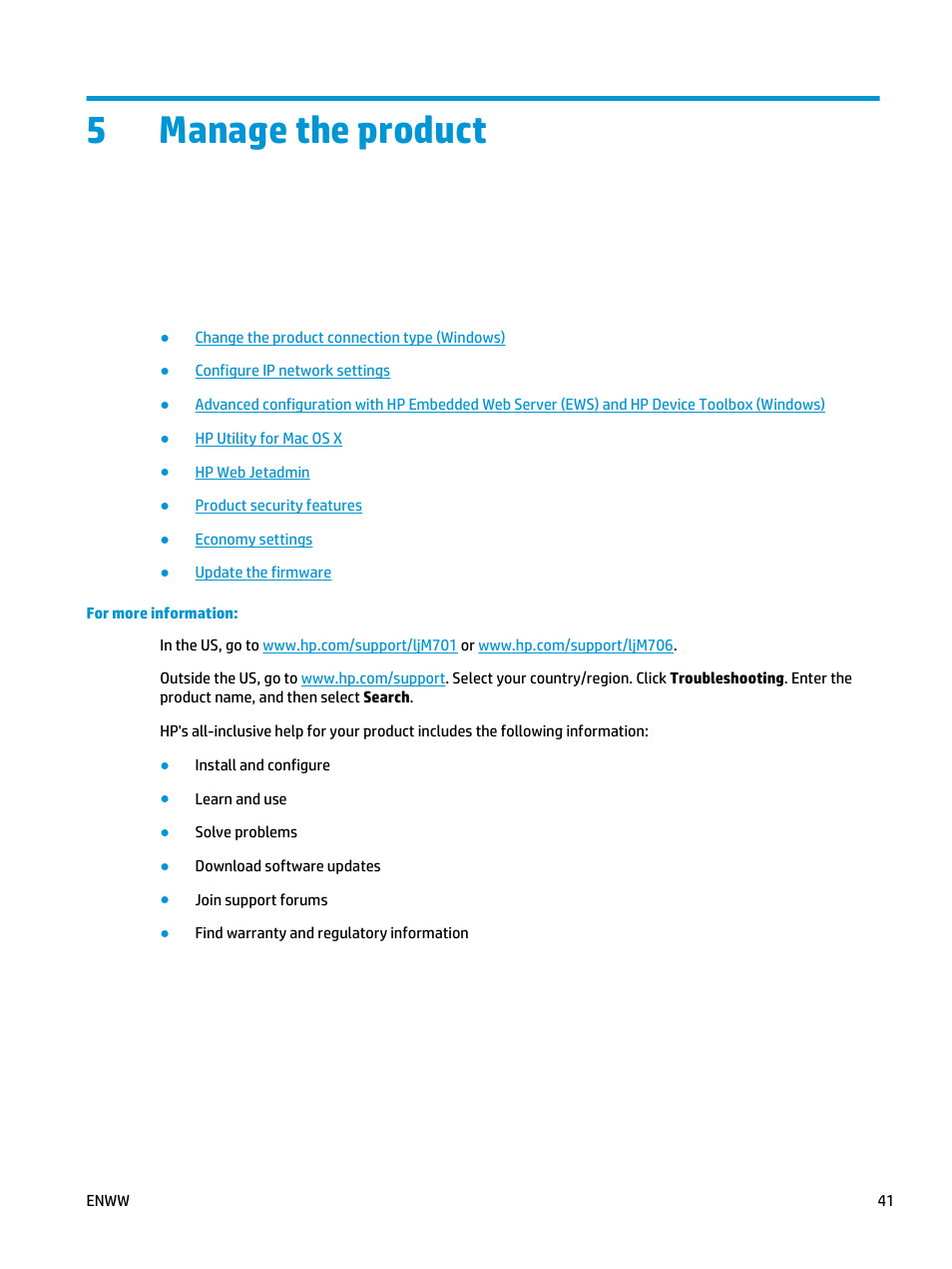 Manage the product, 5 manage the product, 5manage the product | HP LaserJet Pro M701 Printer series User Manual | Page 49 / 98