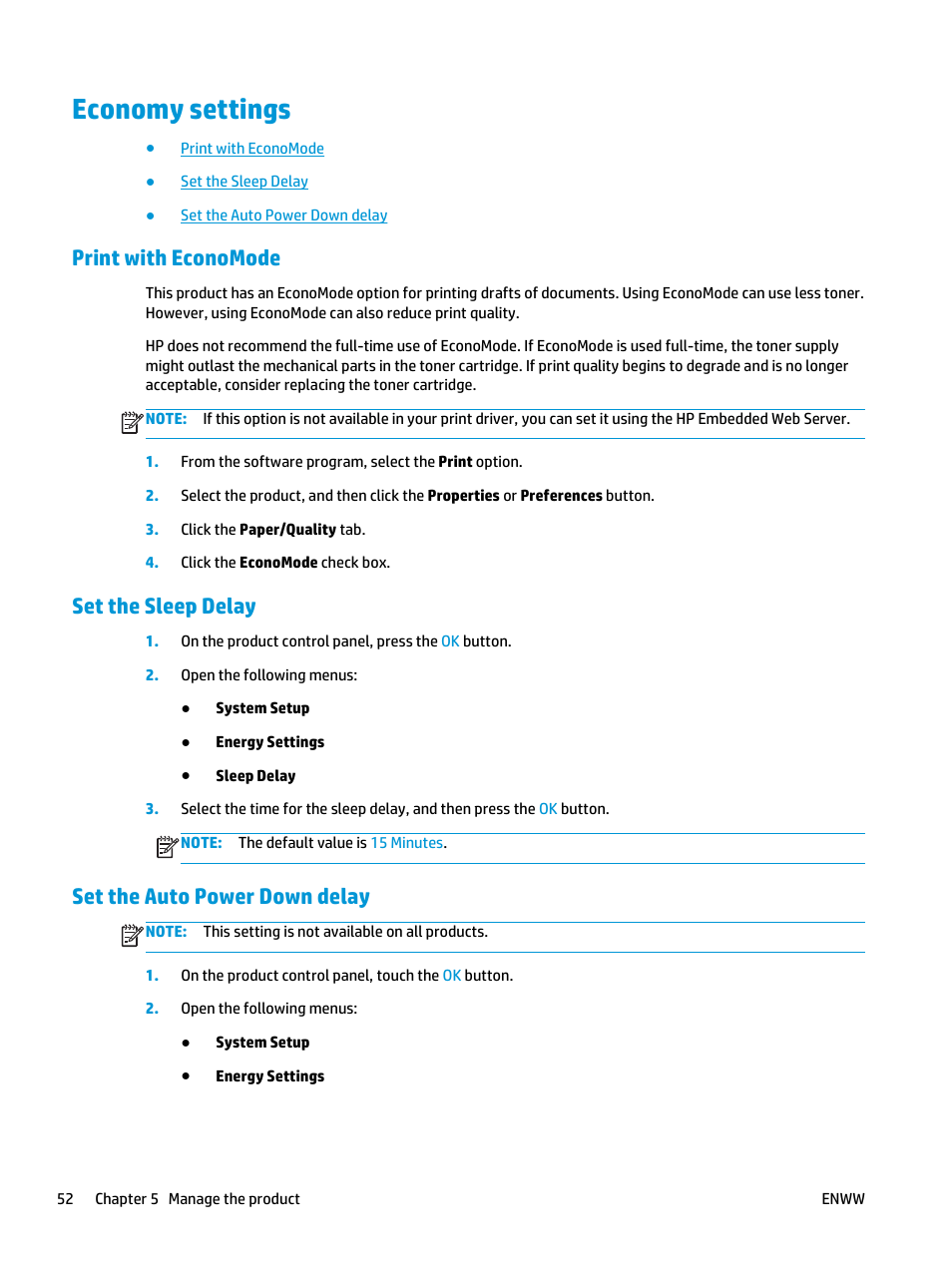 Economy settings, Print with economode, Set the sleep delay | Set the auto power down delay | HP LaserJet Pro M701 Printer series User Manual | Page 60 / 98