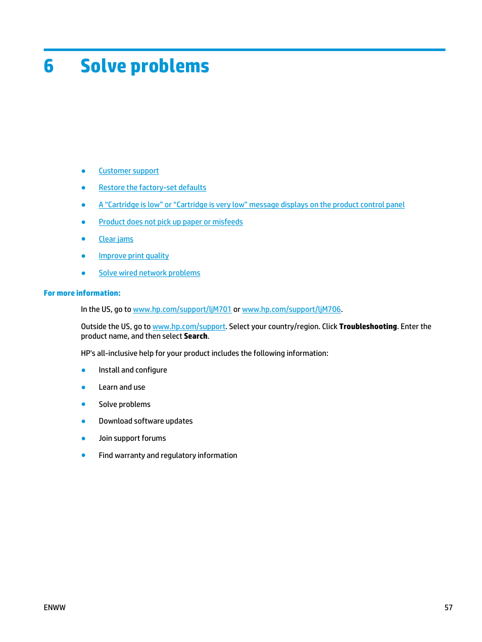 Solve problems, 6 solve problems, 6solve problems | HP LaserJet Pro M701 Printer series User Manual | Page 65 / 98