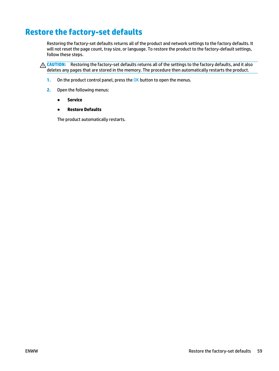 Restore the factory-set defaults | HP LaserJet Pro M701 Printer series User Manual | Page 67 / 98