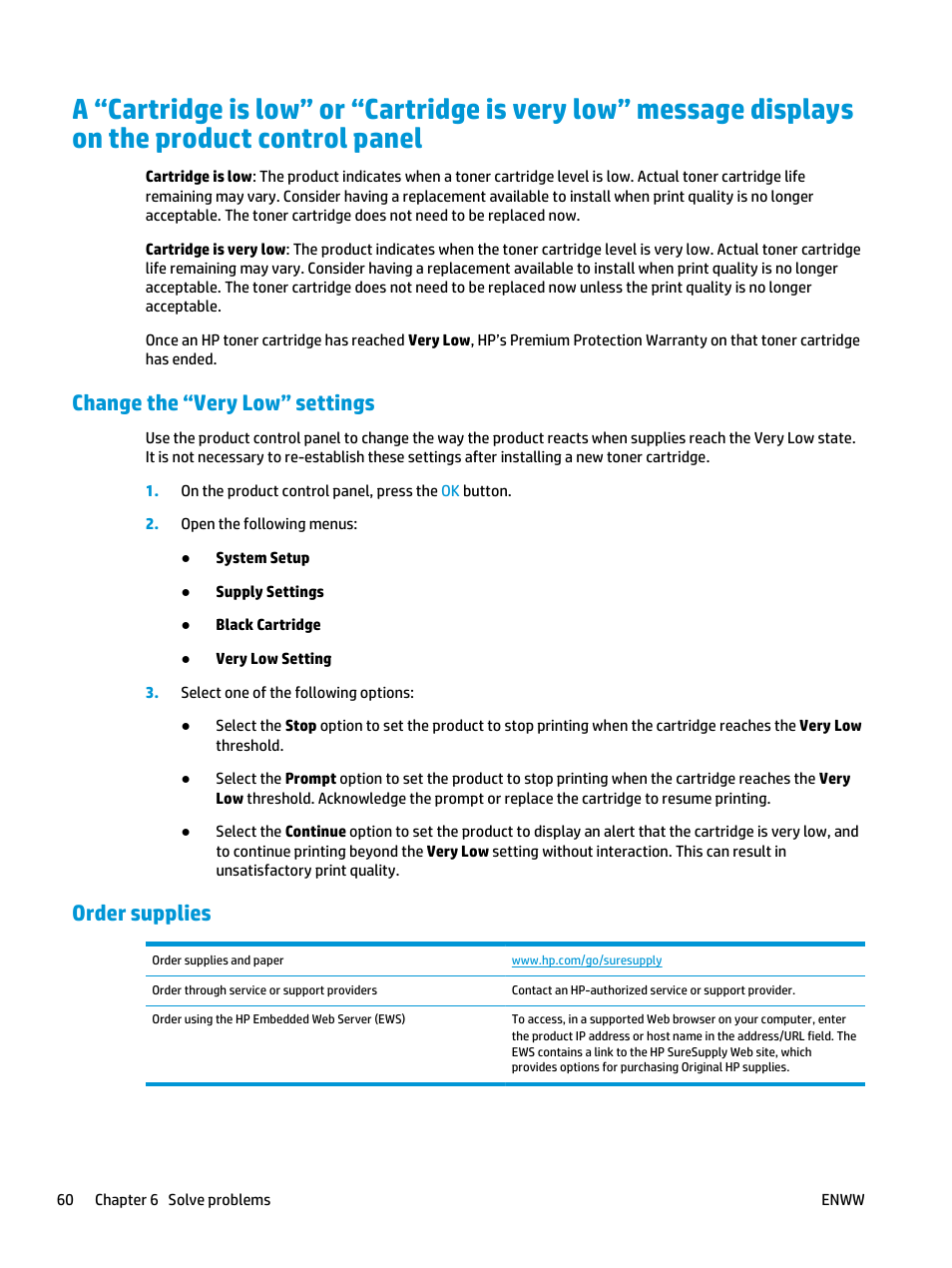 Change the “very low” settings, Order supplies | HP LaserJet Pro M701 Printer series User Manual | Page 68 / 98