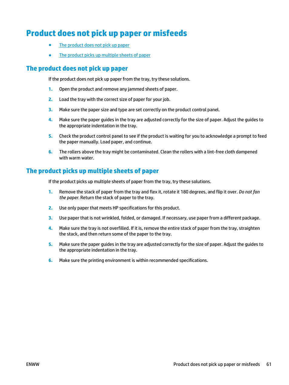 Product does not pick up paper or misfeeds, The product does not pick up paper, The product picks up multiple sheets of paper | HP LaserJet Pro M701 Printer series User Manual | Page 69 / 98