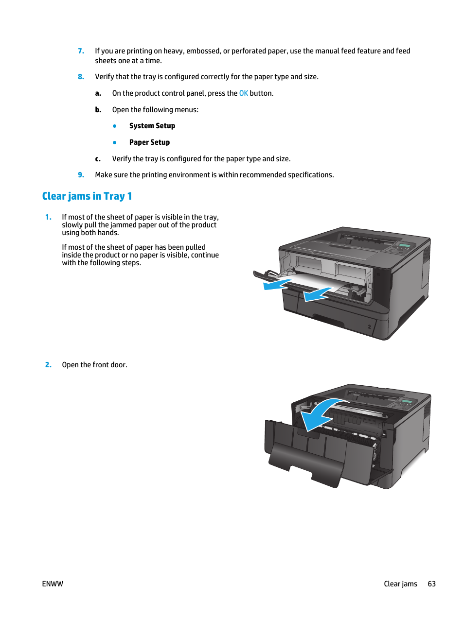Clear jams in tray 1 | HP LaserJet Pro M701 Printer series User Manual | Page 71 / 98