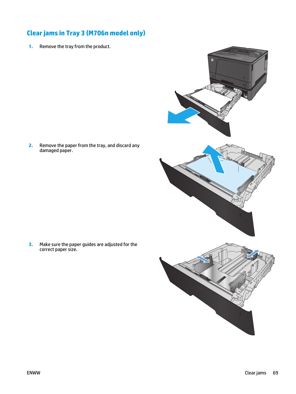 Clear jams in tray 3 (m706n model only) | HP LaserJet Pro M701 Printer series User Manual | Page 77 / 98