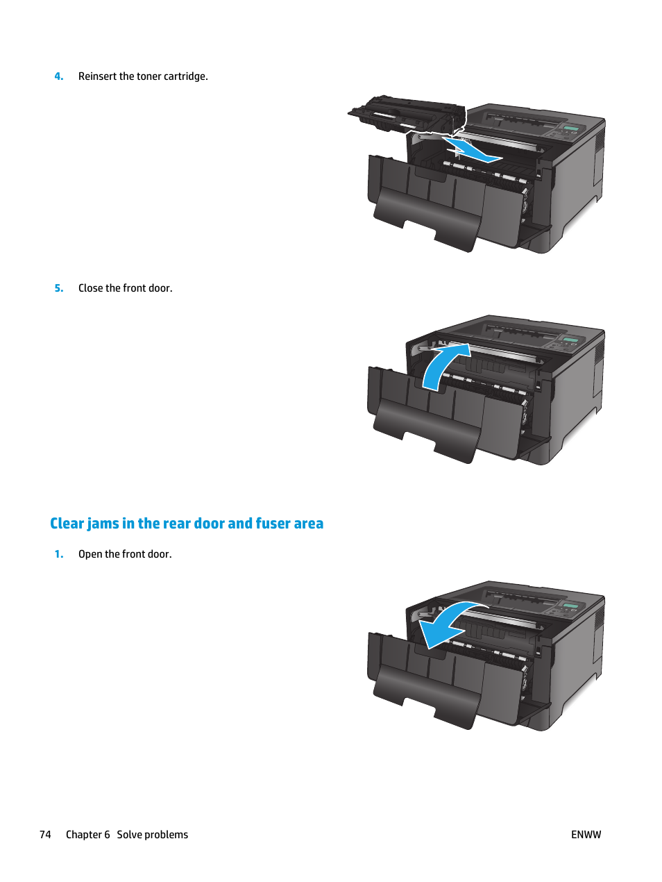 Clear jams in the rear door and fuser area | HP LaserJet Pro M701 Printer series User Manual | Page 82 / 98