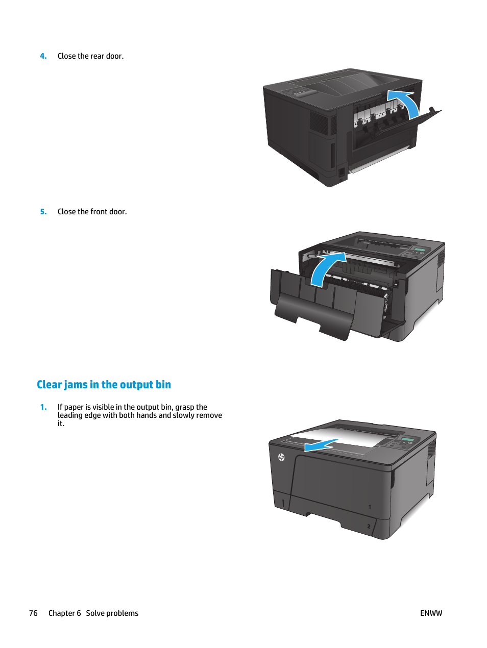 Clear jams in the output bin | HP LaserJet Pro M701 Printer series User Manual | Page 84 / 98