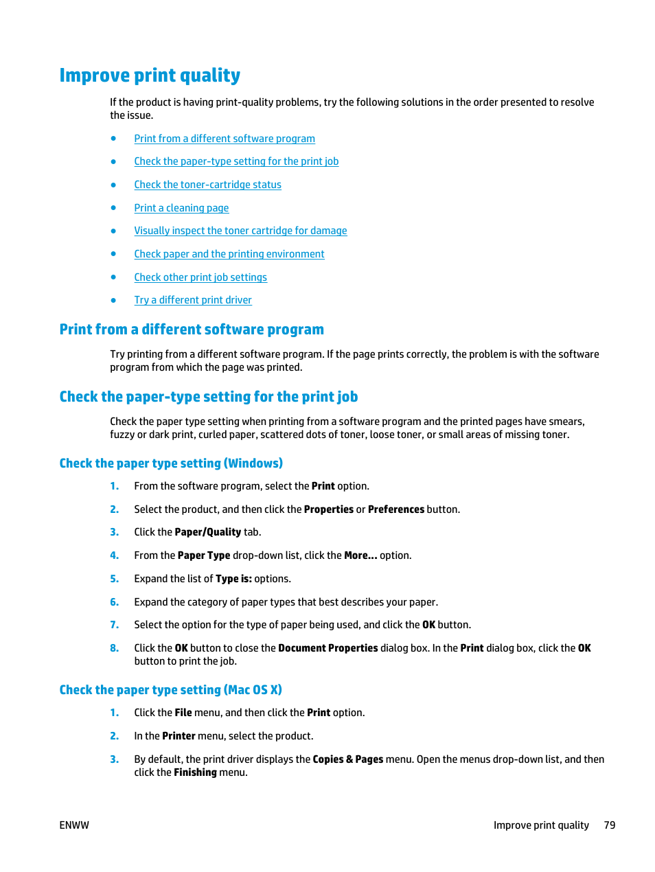 Improve print quality, Print from a different software program, Check the paper-type setting for the print job | Check the paper type setting (windows), Check the paper type setting (mac os x) | HP LaserJet Pro M701 Printer series User Manual | Page 87 / 98