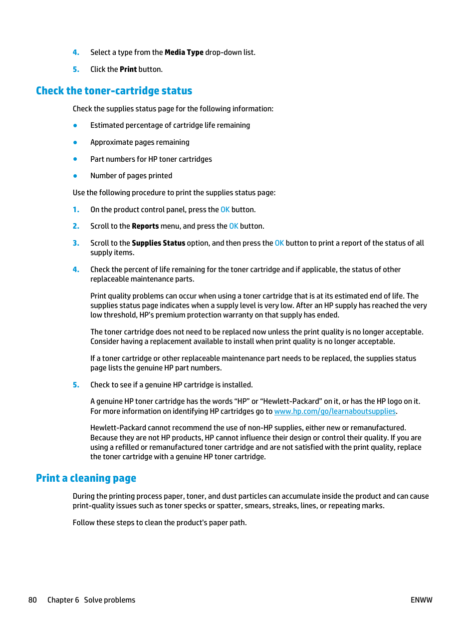 Check the toner-cartridge status, Print a cleaning page | HP LaserJet Pro M701 Printer series User Manual | Page 88 / 98