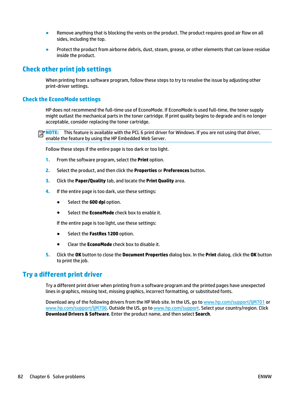 Check other print job settings, Check the economode settings, Try a different print driver | HP LaserJet Pro M701 Printer series User Manual | Page 90 / 98