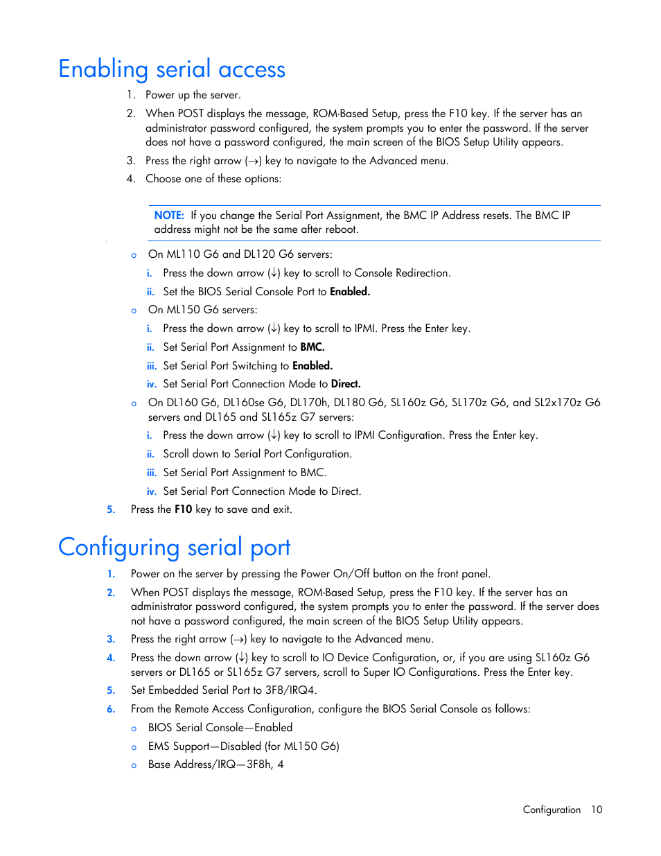 Enabling serial access, Configuring serial port | HP ProLiant SL165z G7 Server User Manual | Page 10 / 66