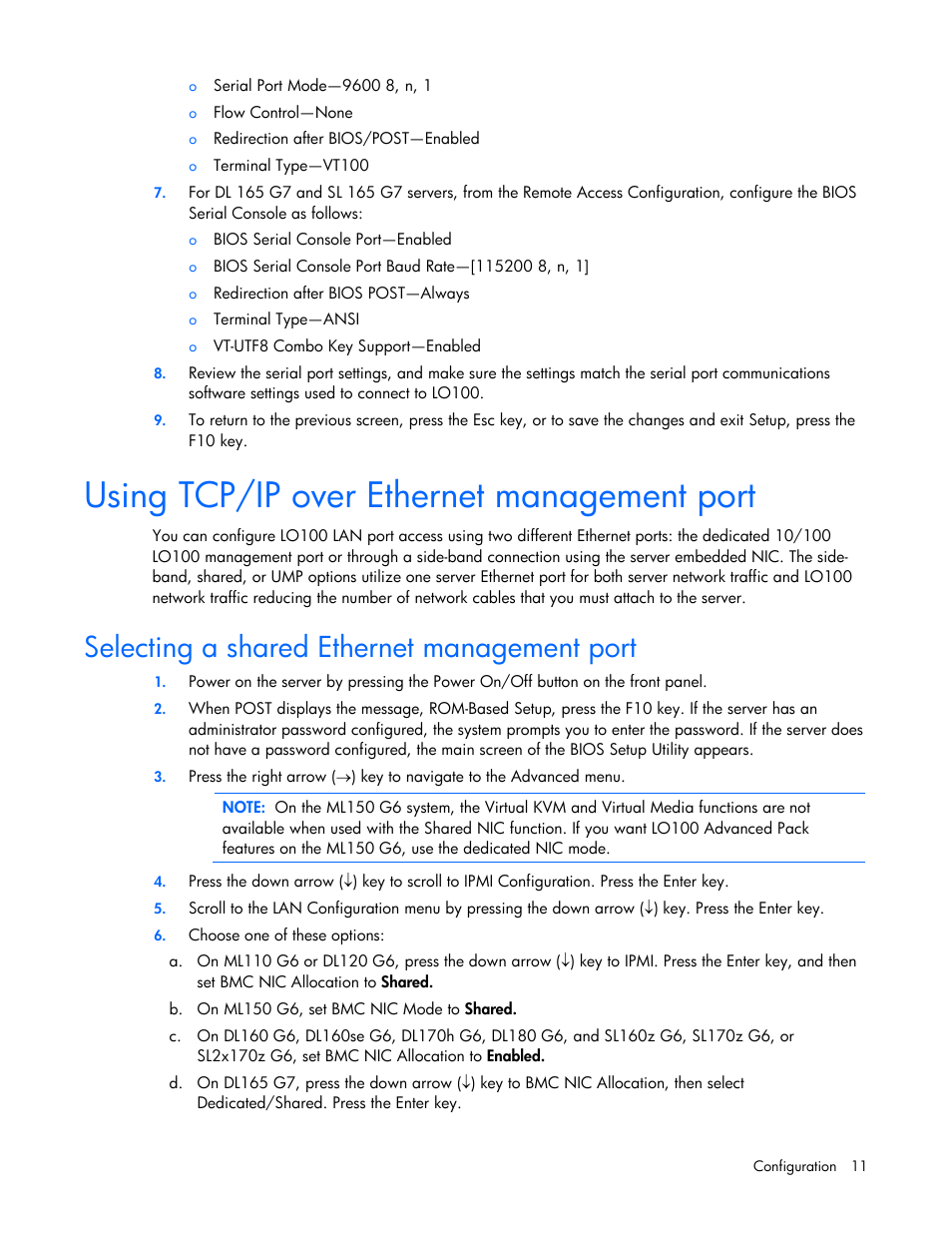 Using tcp/ip over ethernet management port, Selecting a shared ethernet management port | HP ProLiant SL165z G7 Server User Manual | Page 11 / 66