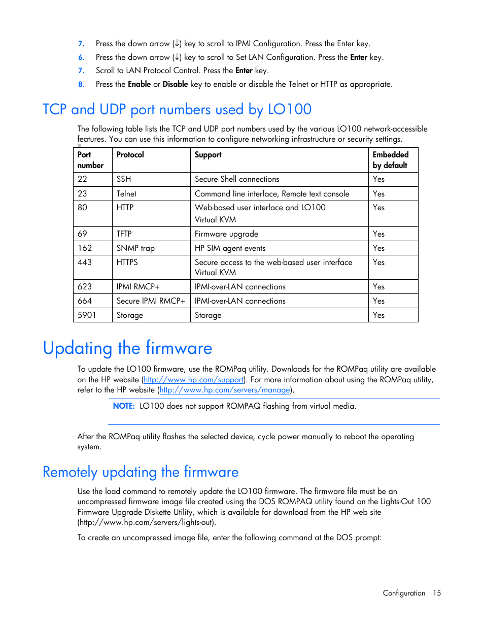 Tcp and udp port numbers used by lo100, Updating the firmware, Remotely updating the firmware | HP ProLiant SL165z G7 Server User Manual | Page 15 / 66