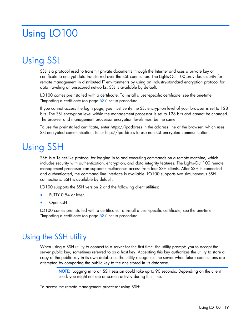 Using lo100, Using ssl, Using ssh | Using the ssh utility | HP ProLiant SL165z G7 Server User Manual | Page 19 / 66