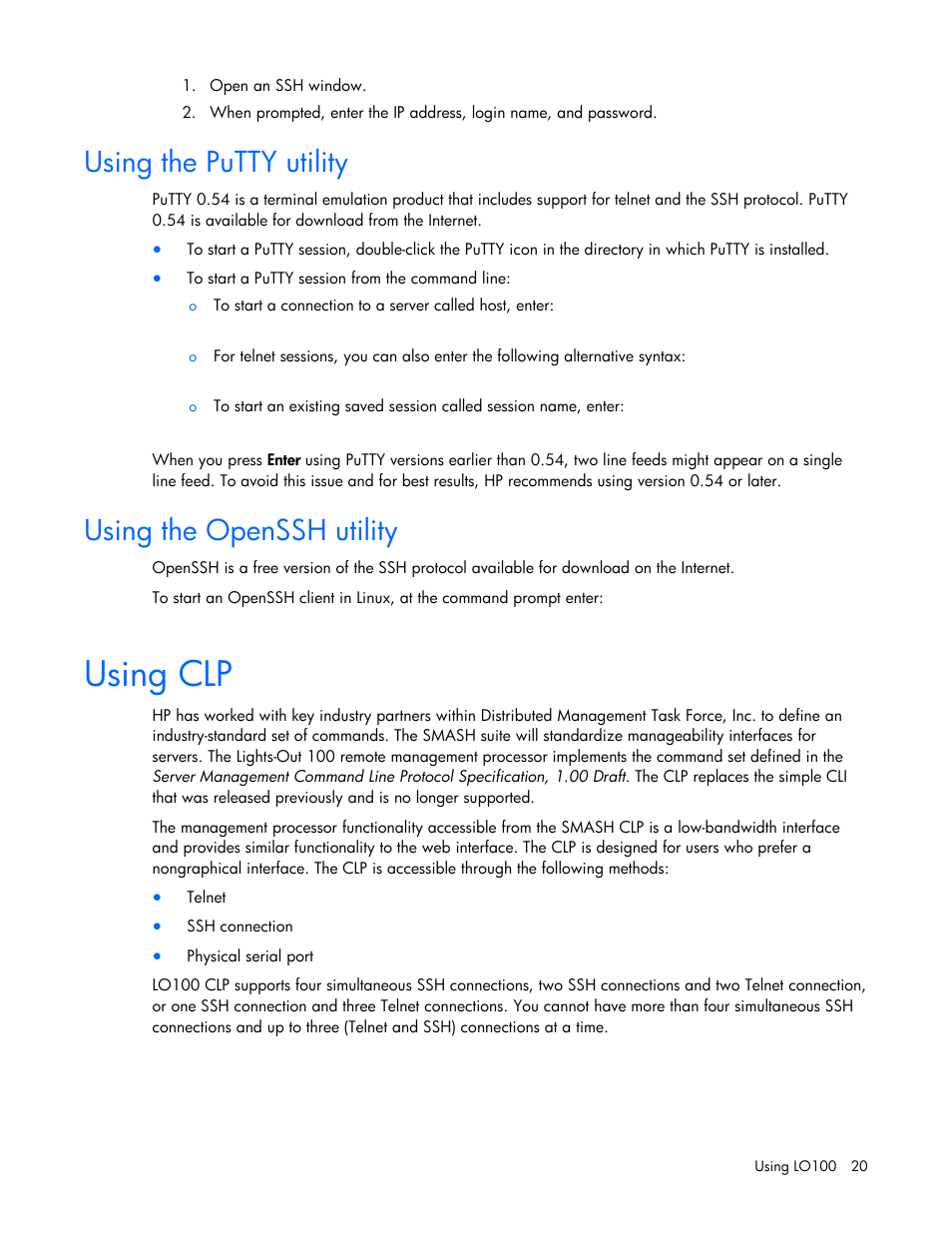 Using the putty utility, Using the openssh utility, Using clp | HP ProLiant SL165z G7 Server User Manual | Page 20 / 66