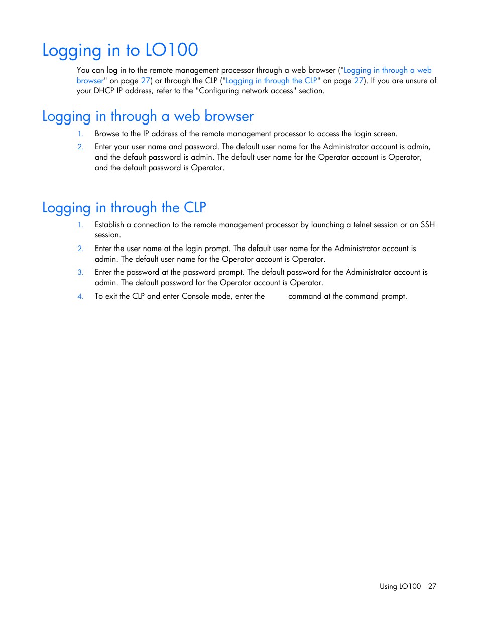 Logging in to lo100, Logging in through a web browser, Logging in through the clp | HP ProLiant SL165z G7 Server User Manual | Page 27 / 66