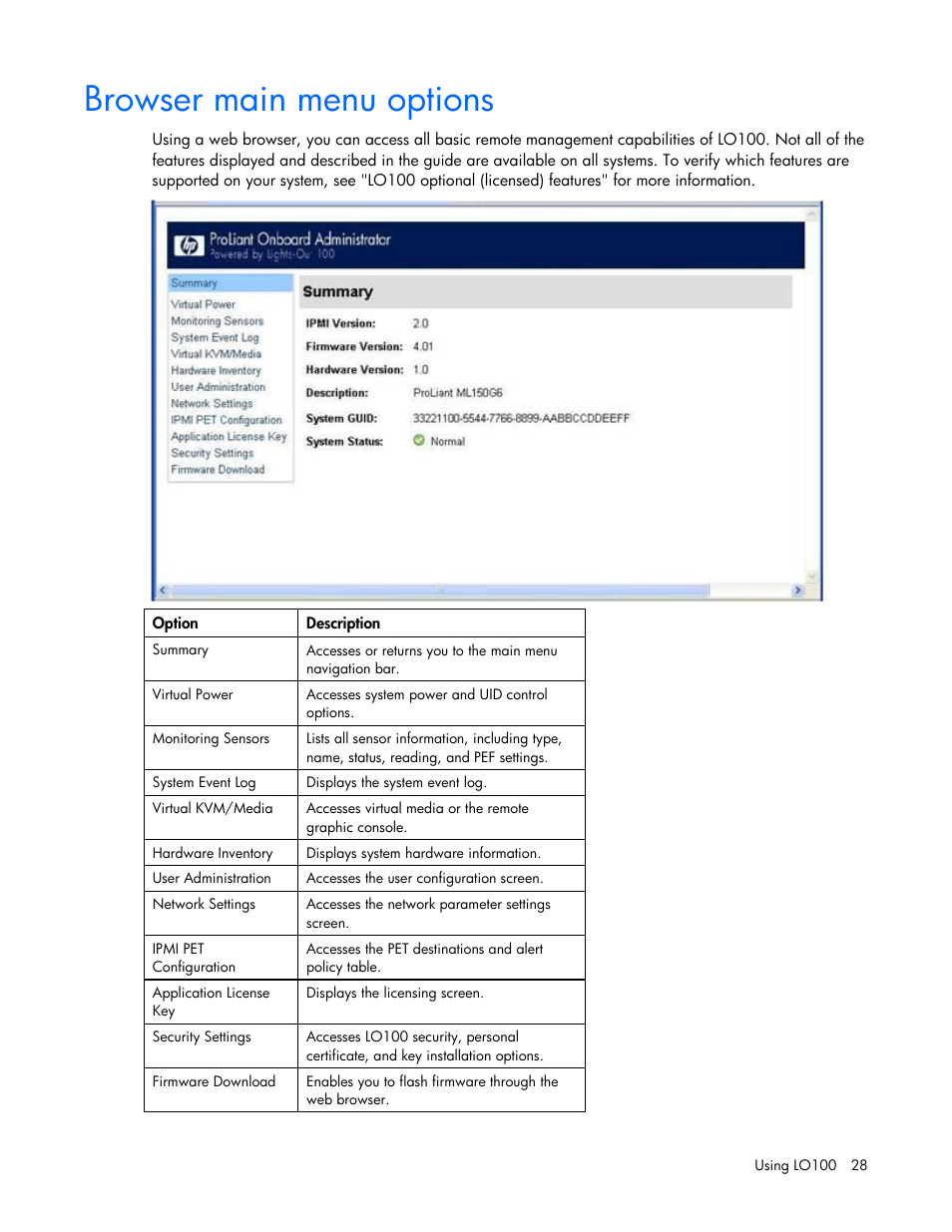 Browser main menu options | HP ProLiant SL165z G7 Server User Manual | Page 28 / 66