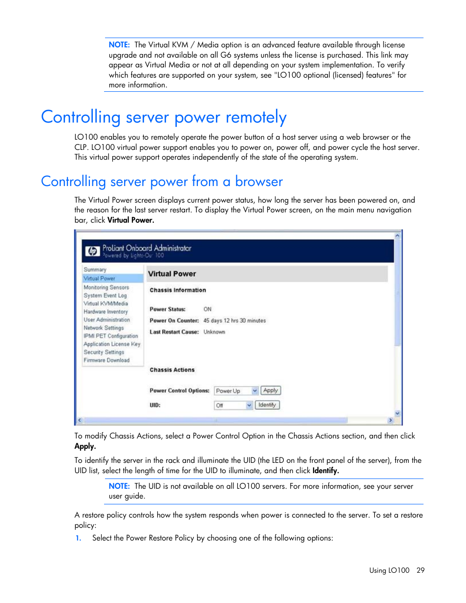 Controlling server power remotely, Controlling server power from a browser | HP ProLiant SL165z G7 Server User Manual | Page 29 / 66