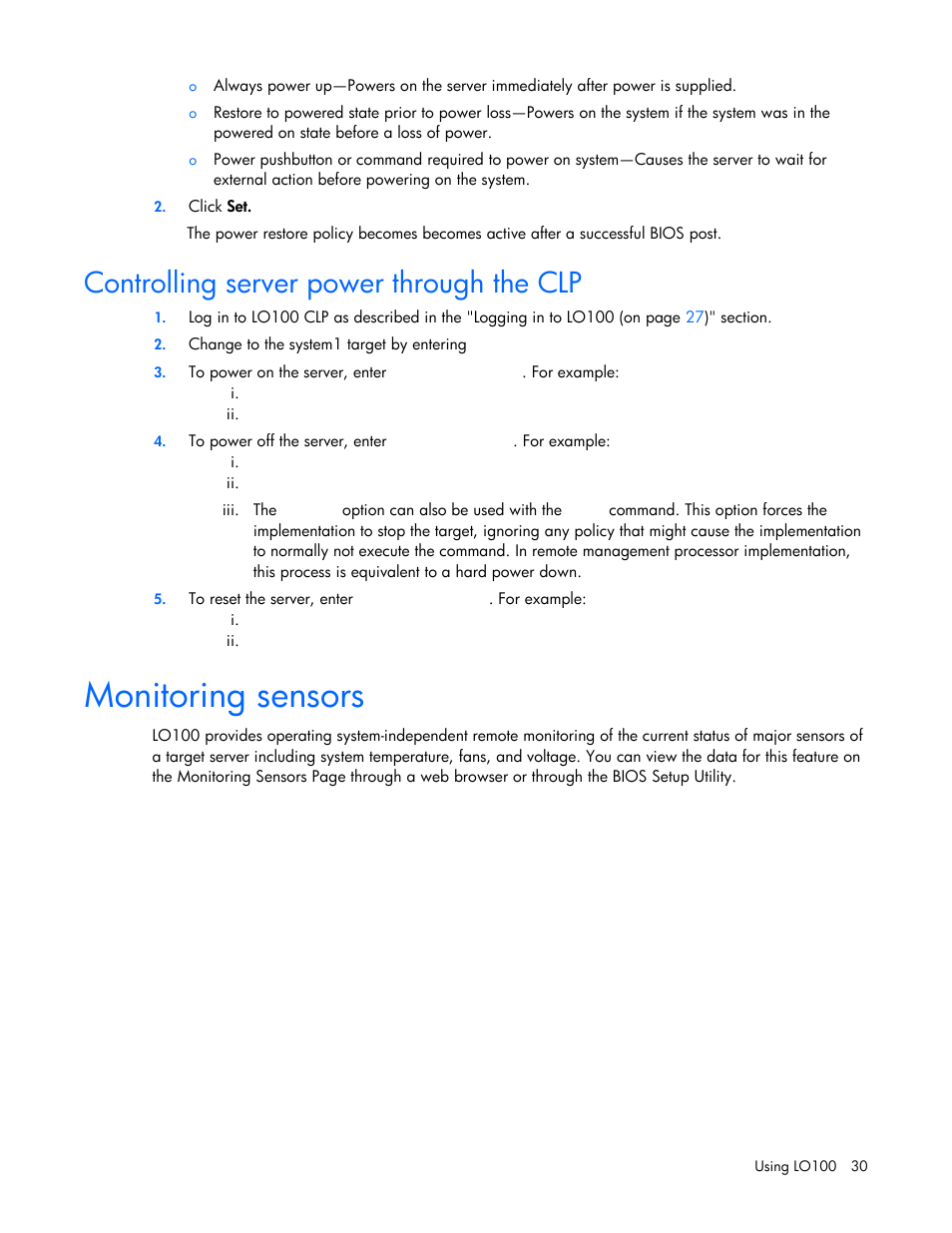 Controlling server power through the clp, Monitoring sensors | HP ProLiant SL165z G7 Server User Manual | Page 30 / 66
