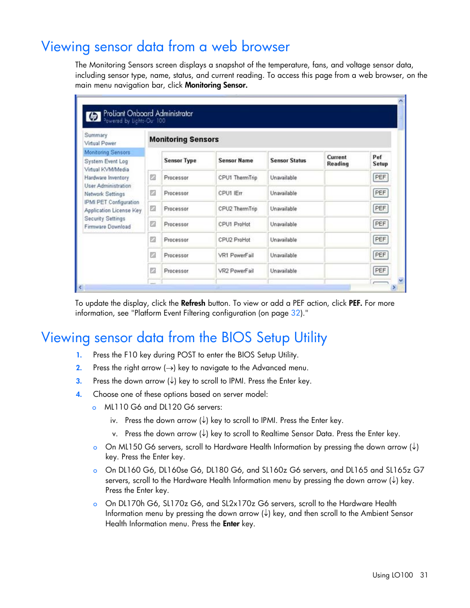Viewing sensor data from a web browser, Viewing sensor data from the bios setup utility | HP ProLiant SL165z G7 Server User Manual | Page 31 / 66
