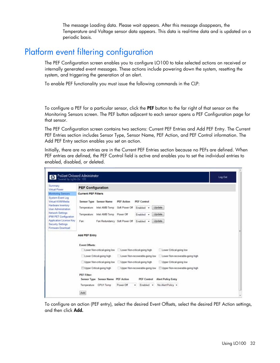 Platform event filtering configuration | HP ProLiant SL165z G7 Server User Manual | Page 32 / 66