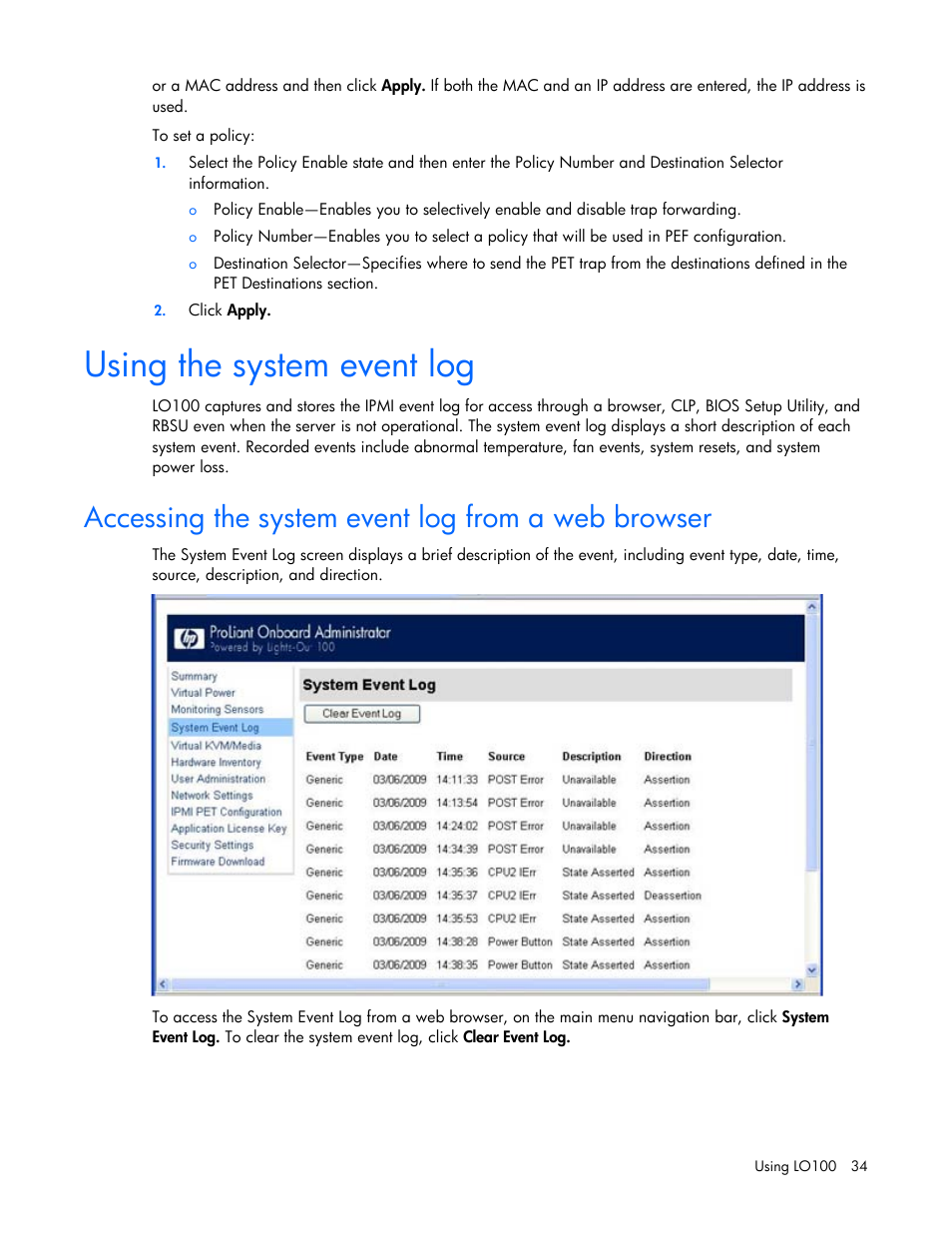 Using the system event log, Accessing the system event log from a web browser | HP ProLiant SL165z G7 Server User Manual | Page 34 / 66