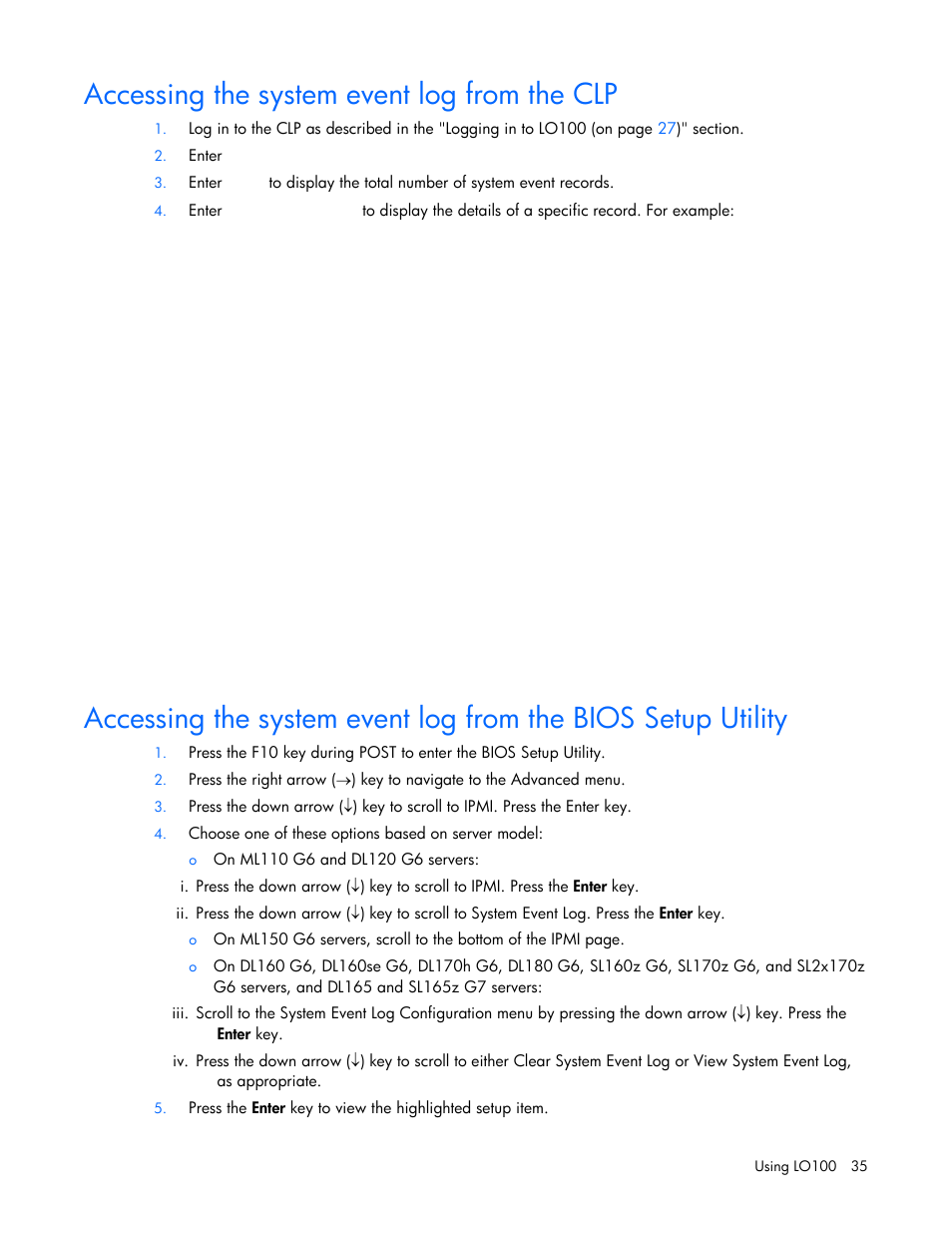 Accessing the system event log from the clp | HP ProLiant SL165z G7 Server User Manual | Page 35 / 66