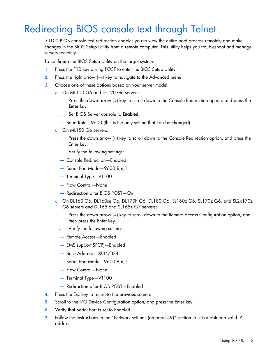 Redirecting bios console text through telnet | HP ProLiant SL165z G7 Server User Manual | Page 43 / 66