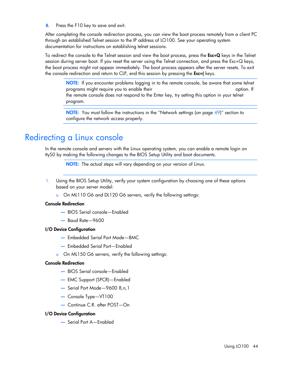 Redirecting a linux console | HP ProLiant SL165z G7 Server User Manual | Page 44 / 66