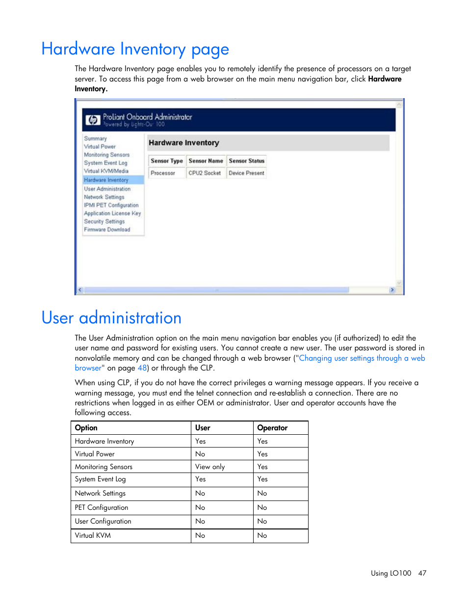 User administration, Hardware inventory page | HP ProLiant SL165z G7 Server User Manual | Page 47 / 66