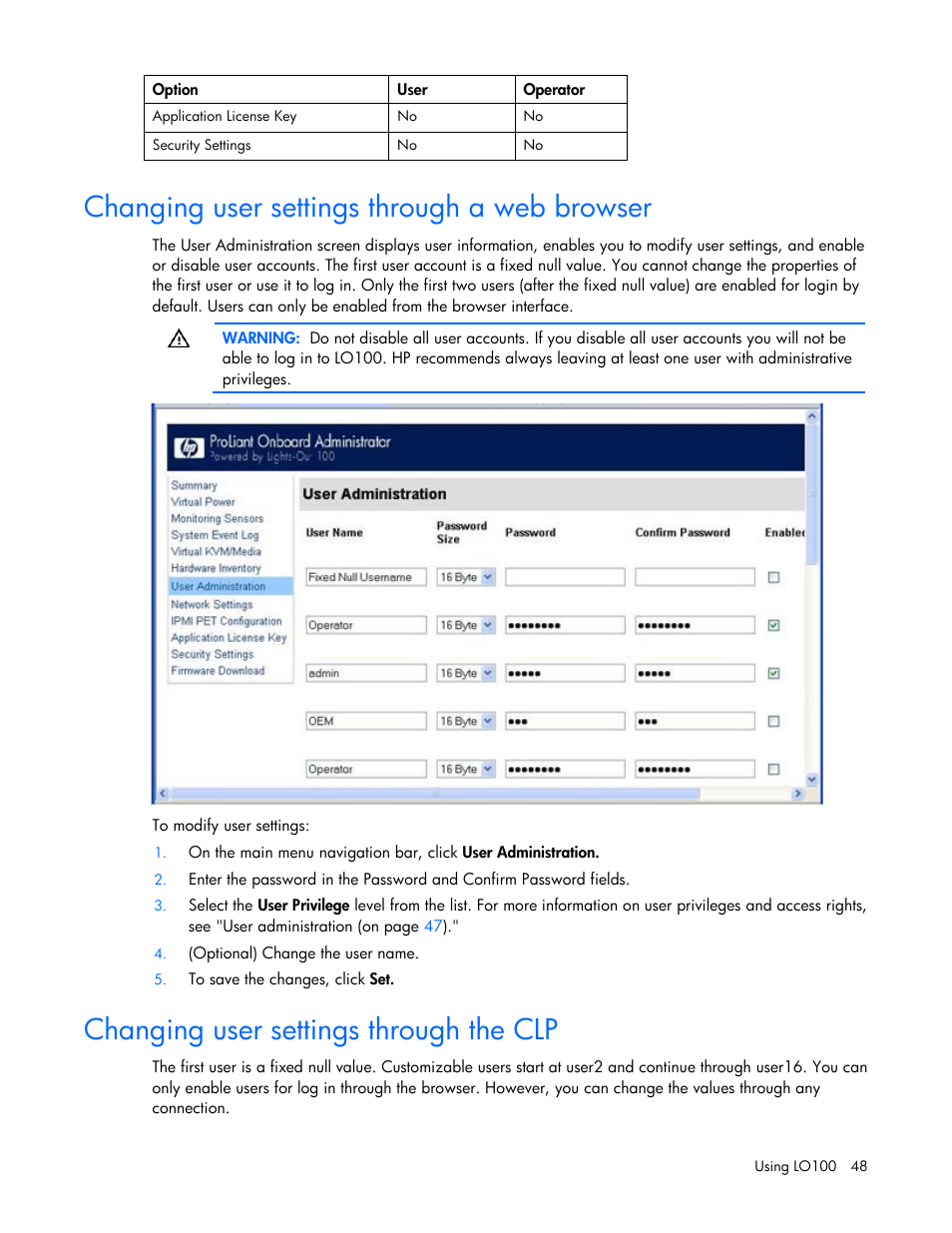 Changing user settings through a web browser, Changing user settings through the clp, Changing user settings through a web | Browser | HP ProLiant SL165z G7 Server User Manual | Page 48 / 66