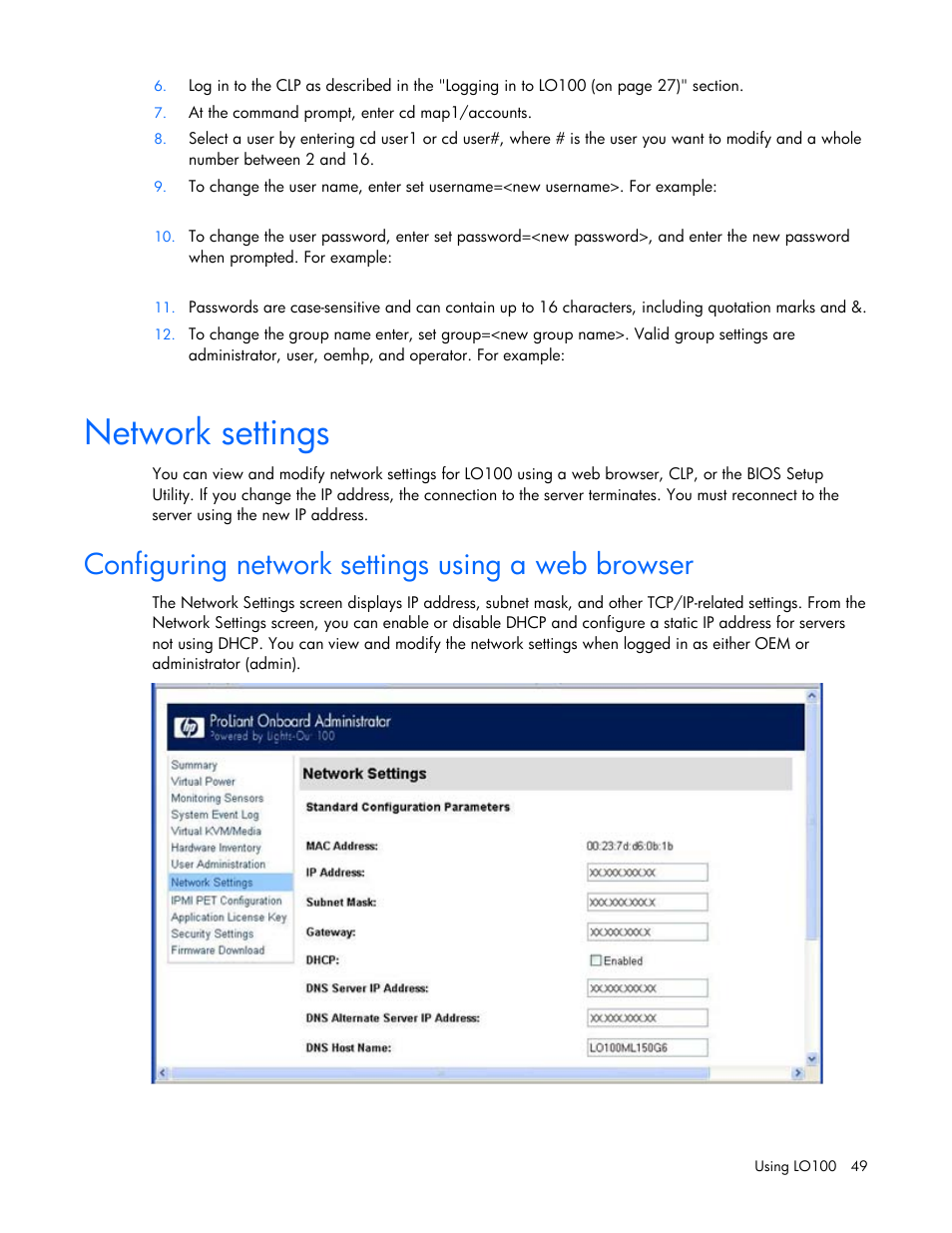 Network settings, Configuring network settings using a web browser | HP ProLiant SL165z G7 Server User Manual | Page 49 / 66