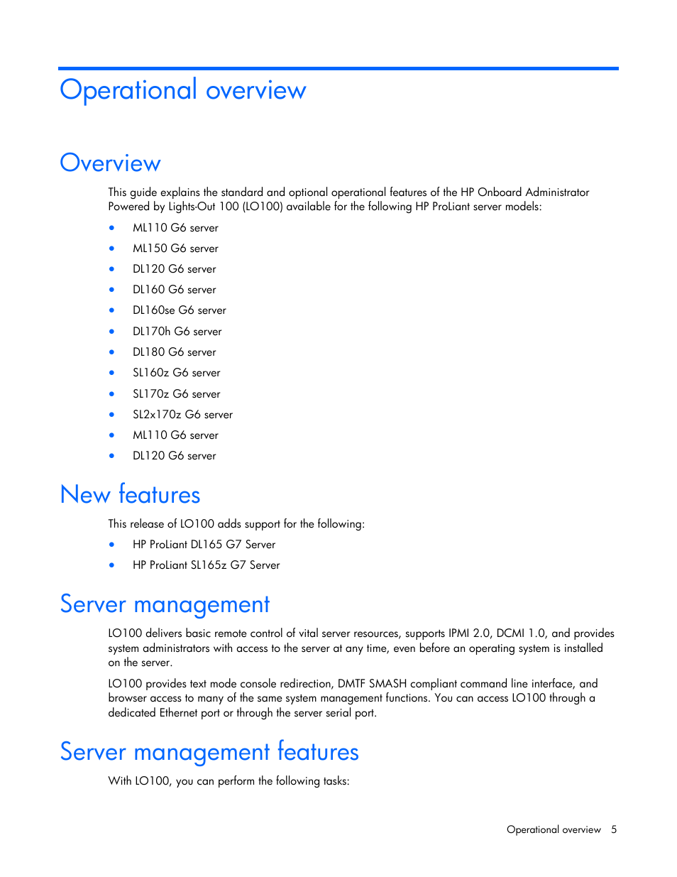 Operational overview, Overview, New features | Server management, Server management features | HP ProLiant SL165z G7 Server User Manual | Page 5 / 66