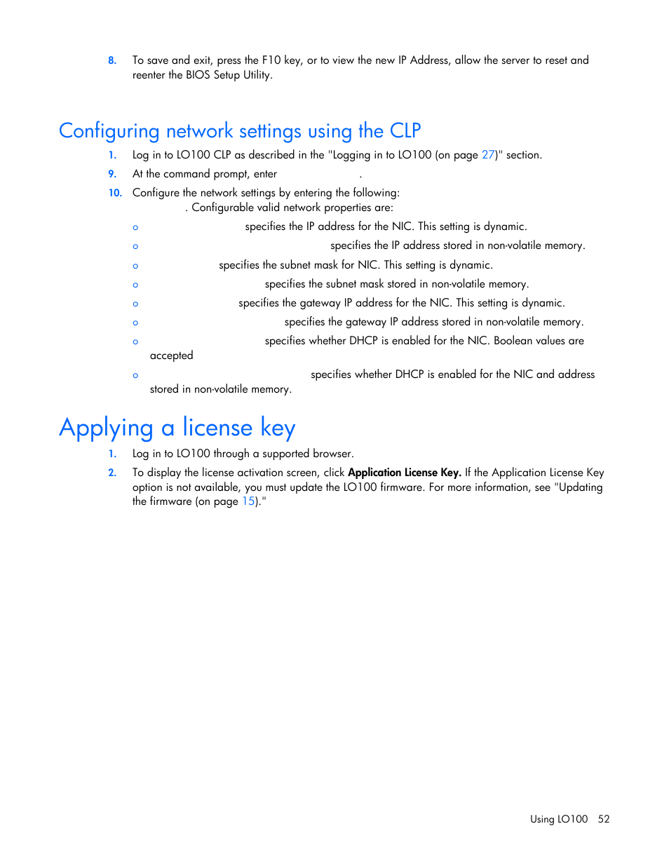 Configuring network settings using the clp, Applying a license key | HP ProLiant SL165z G7 Server User Manual | Page 52 / 66