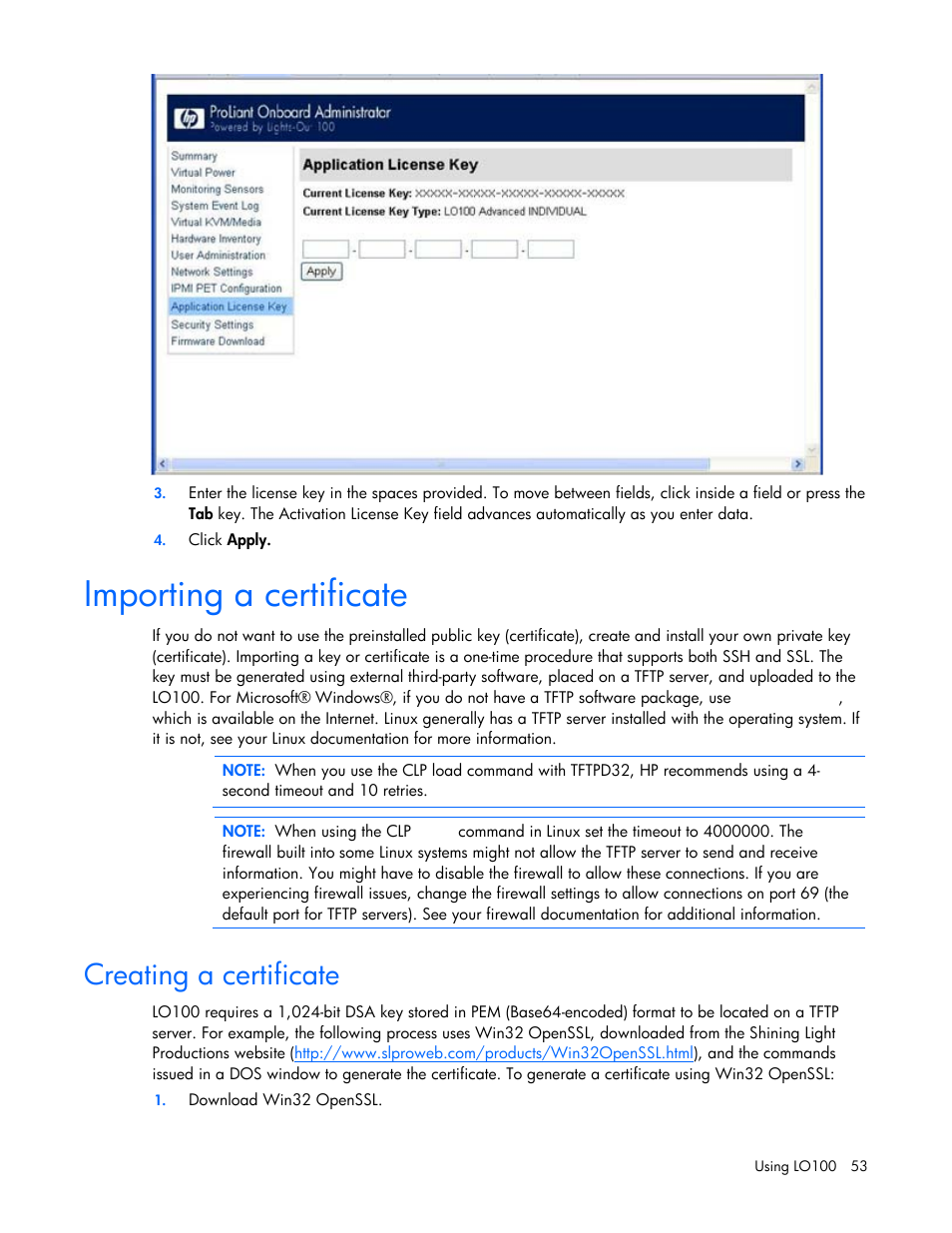 Importing a certificate, Creating a certificate | HP ProLiant SL165z G7 Server User Manual | Page 53 / 66