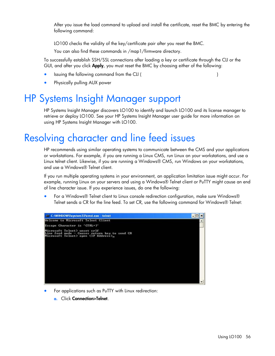Hp systems insight manager support, Resolving character and line feed issues | HP ProLiant SL165z G7 Server User Manual | Page 56 / 66